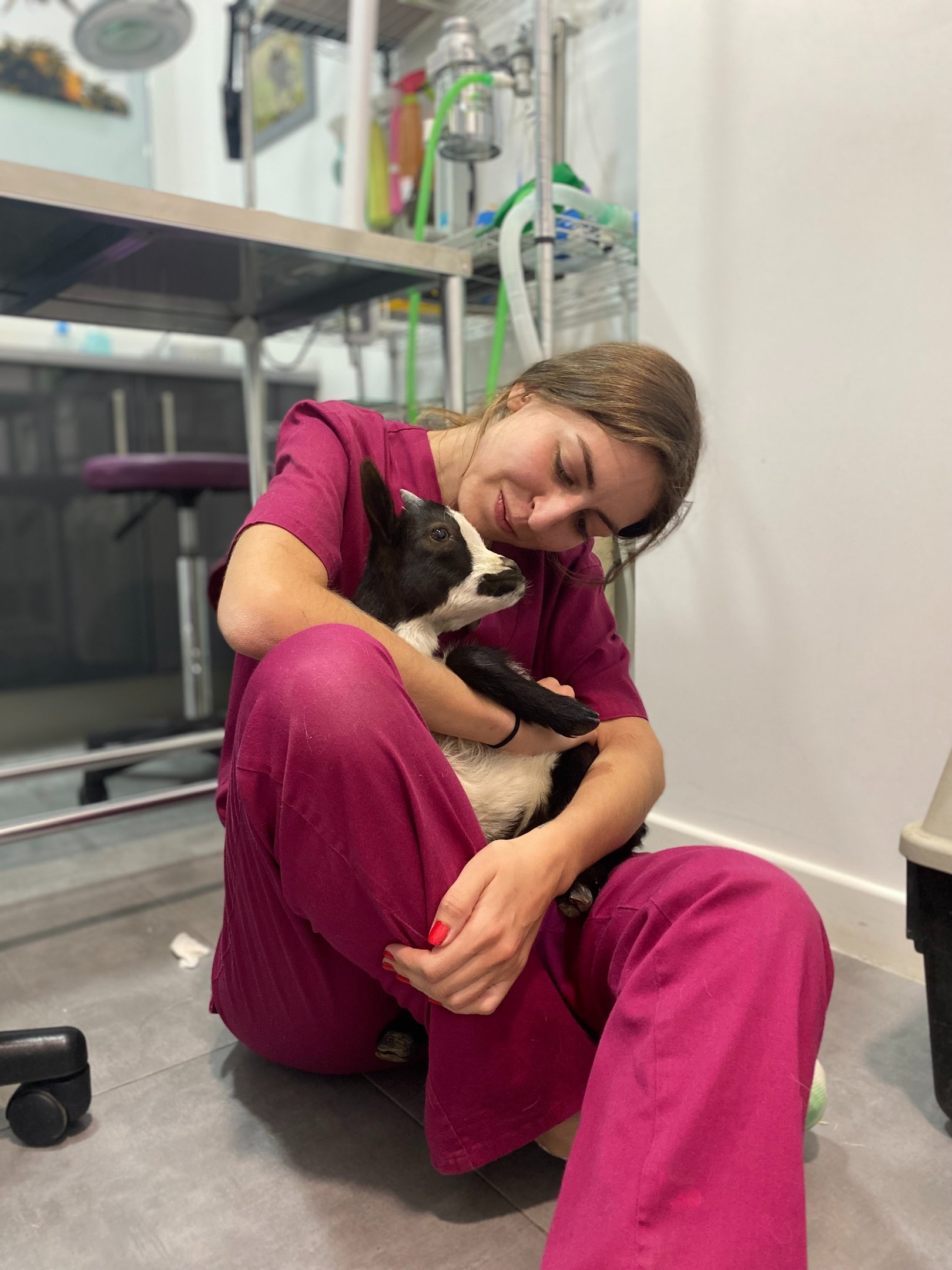 Veterinaria de PetEco abrazando a un cabritillo en la clínica